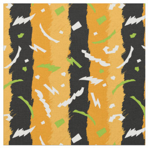 Orange & Black Stripes with White & Green Shapes Fabric