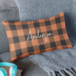 Orange Black • Stylish Bold Fall Colors Plaid Lumbar Cushion