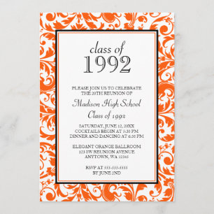 Orange Black Swirl Damask Class Reunion Invitation