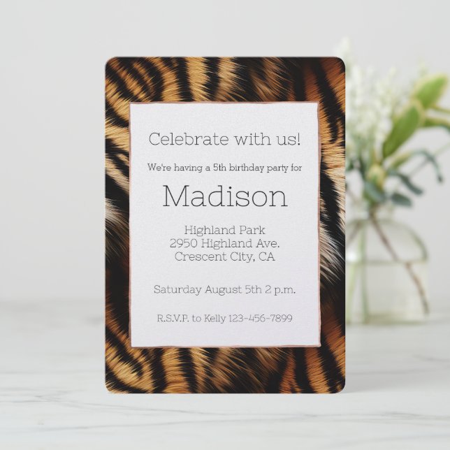 Orange Black Tiger Stripes Animal Birthday Invitation (Standing Front)