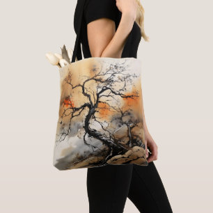 Orange Black Tree Ink Painting Tote Bag