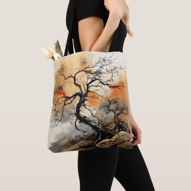 Orange Black Tree Ink Painting Tote Bag (Close Up)