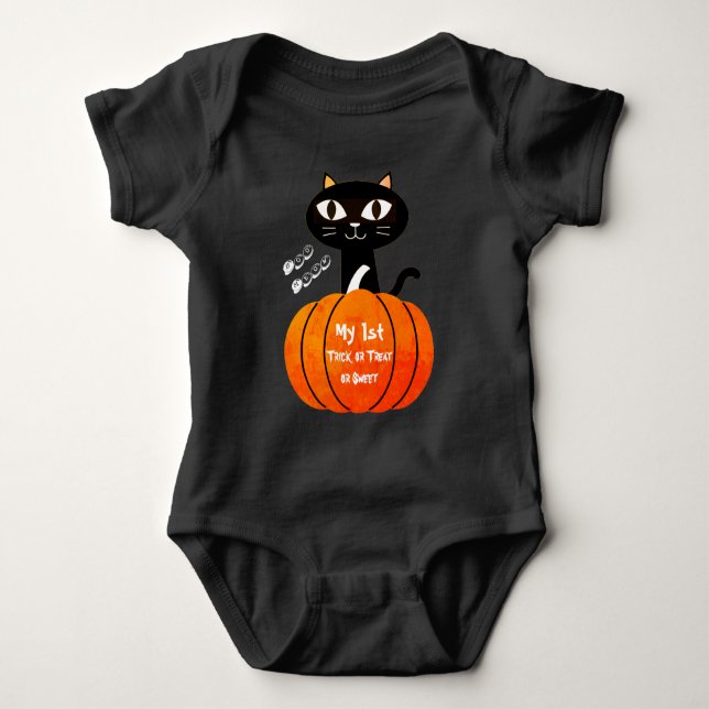 Orange Black Trick or Treat Cat My 1st Halloween Baby Bodysuit (Front)