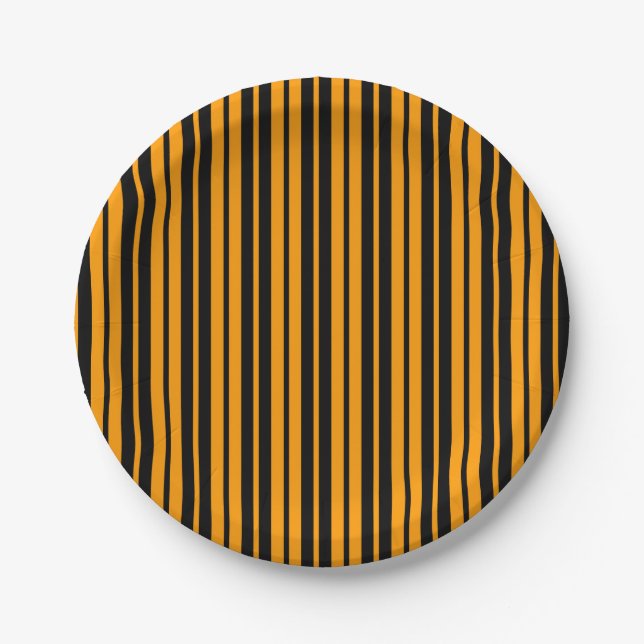 Orange Black Vertical Stripes Pattern Design Paper Plate (Front)