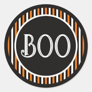 Orange & Black Vintage Stripe Boo Classic Round Sticker