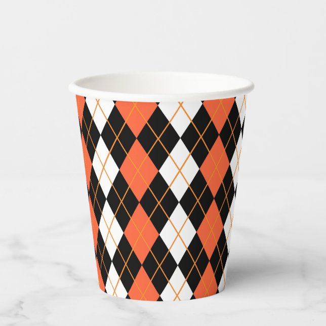 Orange Black White Argyle Diamond Design  Paper Cups (Front)