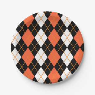 Orange Black White Argyle Diamond Design Paper Plate