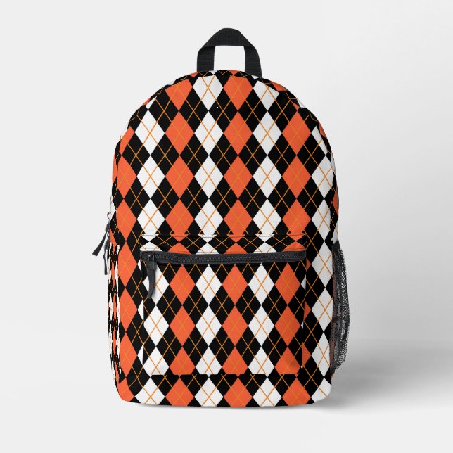 Orange Black White Argyle Diamond Design  Printed Backpack (Front)