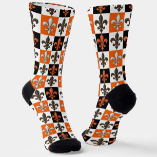 Orange Black White Checkered Fleur-de-lis Design  Socks