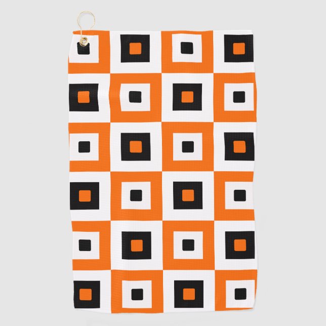 Orange Black White Checkered Squares Pattern Golf Towel (Front)