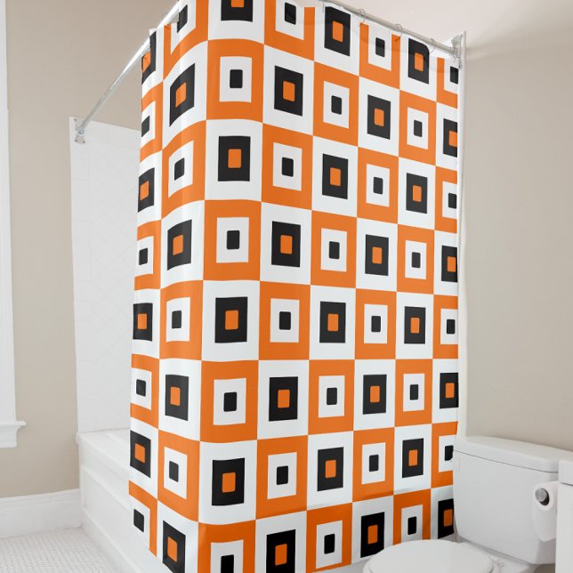 Orange Black White Checkered Squares Pattern Shower Curtain (Creator Uploaded)