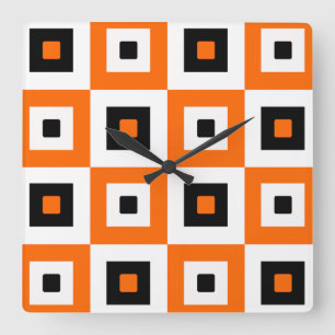 Orange Black White Checkered Squares Pattern Square Wall Clock