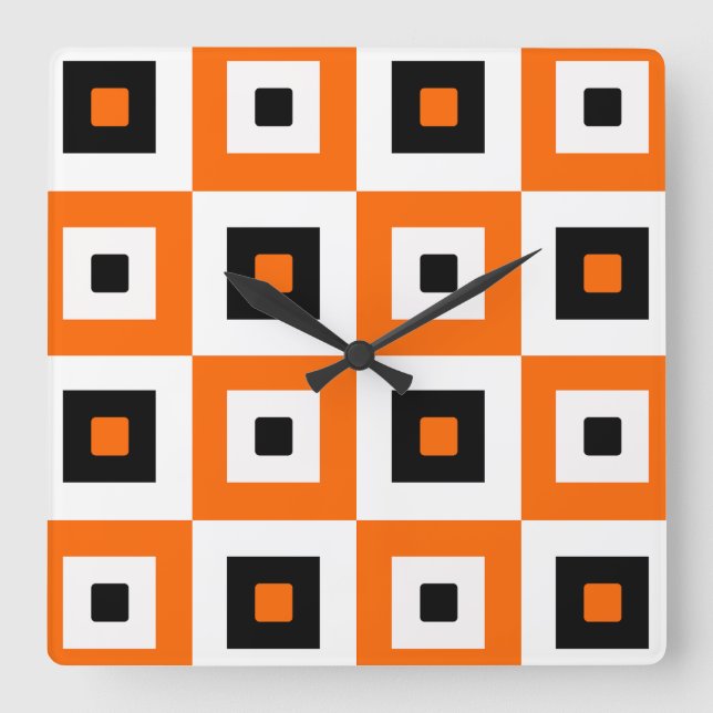 Orange Black White Checkered Squares Pattern Square Wall Clock (Front)