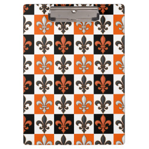 Orange Black White Chequered Fleur-de-lis Design  Clipboard