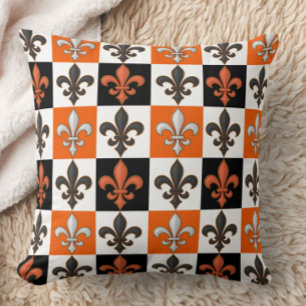 Orange Black White Chequered Fleur-de-lis Design  Cushion