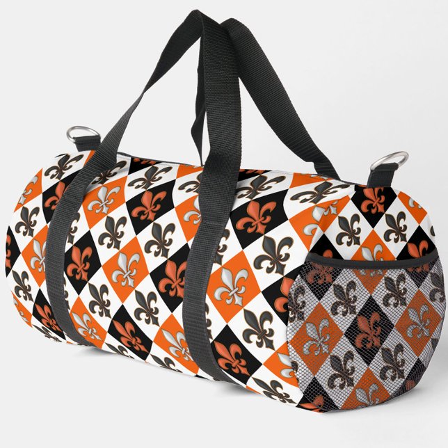 Orange Black White Chequered Fleur-de-lis Design  Duffle Bag (Creator Uploaded)