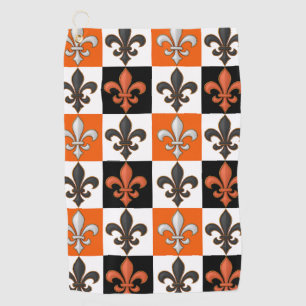 Orange Black White Chequered Fleur-de-lis Design  Golf Towel