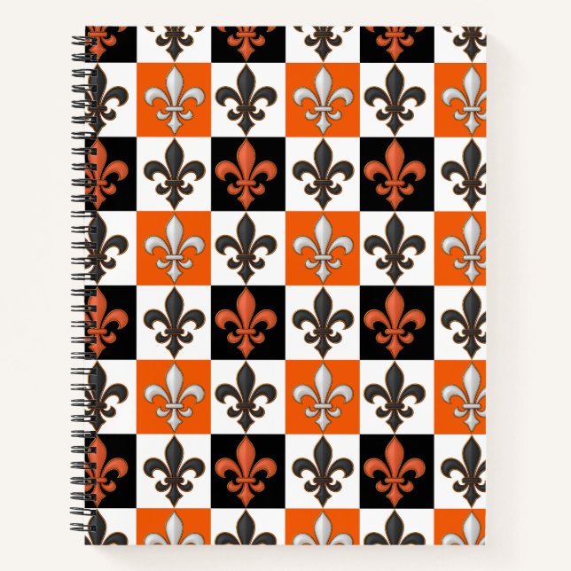 Orange Black White Chequered Fleur-de-lis Design  Notebook (Front)