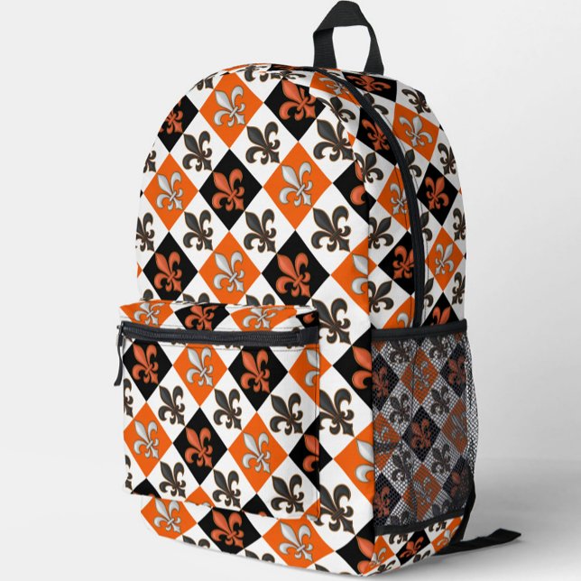 Orange Black White Chequered Fleur-de-lis Design  Printed Backpack (Creator Uploaded)