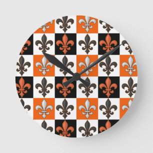 Orange Black White Chequered Fleur-de-lis Design Round Clock