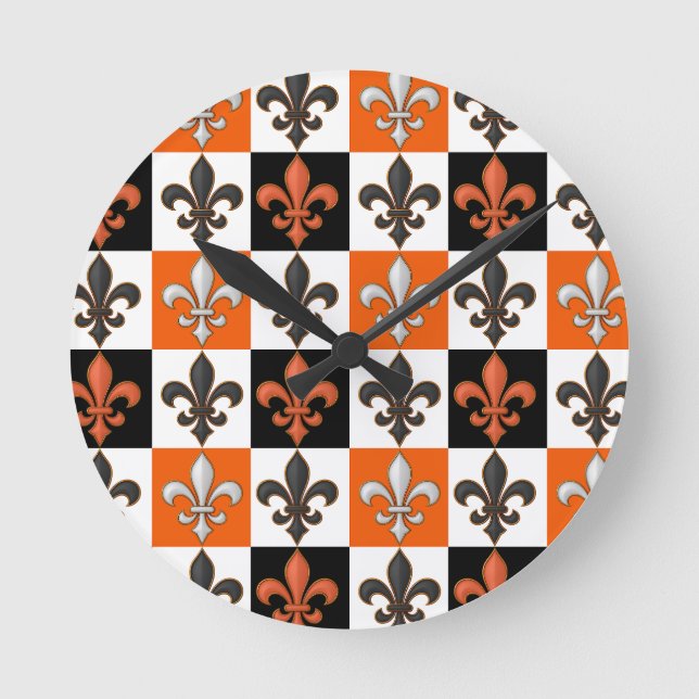 Orange Black White Chequered Fleur-de-lis Design  Round Clock (Front)