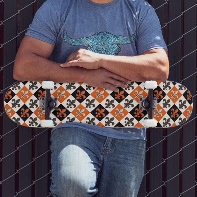 Orange Black White Chequered Fleur-de-lis Design  Skateboard (Creator Uploaded)