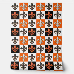 Orange Black White Chequered Fleur-de-lis Design Wallpaper