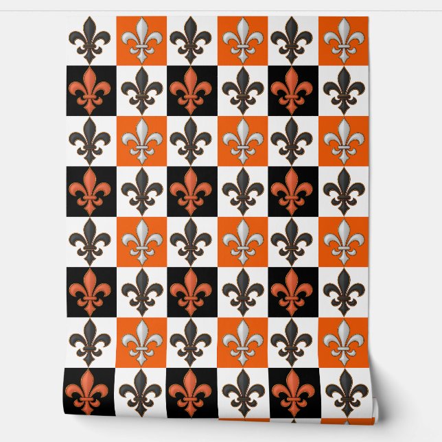 Orange Black White Chequered Fleur-de-lis Design  Wallpaper (Unrolling)