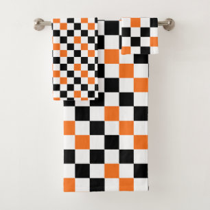 Orange Black White Chequered Pattern Design Bath Towel Set