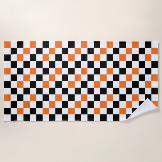 Orange Black White Chequered Pattern Design  Beach Towel (Front)