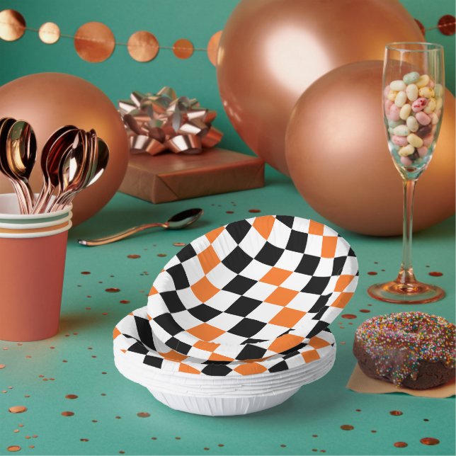 Orange Black White Chequered Pattern Design  Paper Plate (Multi)