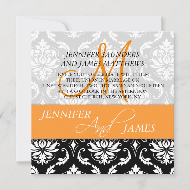 Orange Black White Damask Wedding Invitations (Front)