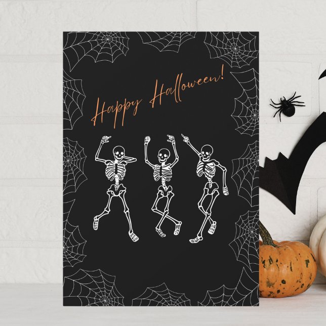Orange Black White Dancing Skeletons Halloween Holiday Card (Creator Uploaded)