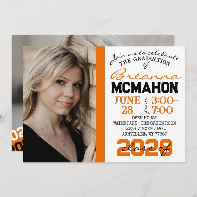 Orange Black White Graduation 2 Photo Invitation ( Repeating Class Year 1 & 2 Photo Graduation Invitations & Announcements)