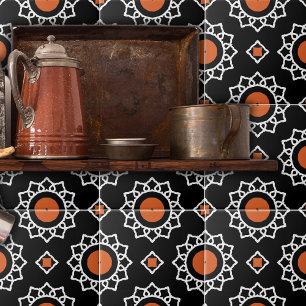 Orange Black White Ornamental Geometric Pattern Tile