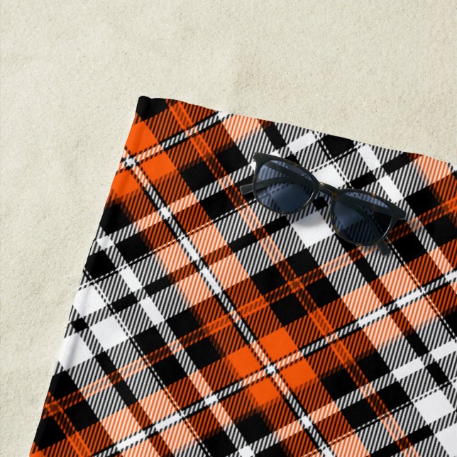 Orange Black White Plaid Tartan Pattern Design  Beach Towel (In Situ)