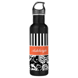 Orange, Black, White Striped Damask 710 Ml Water Bottle