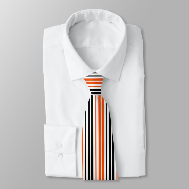 Orange Black White Stripes Pattern Design  Tie (Tied)