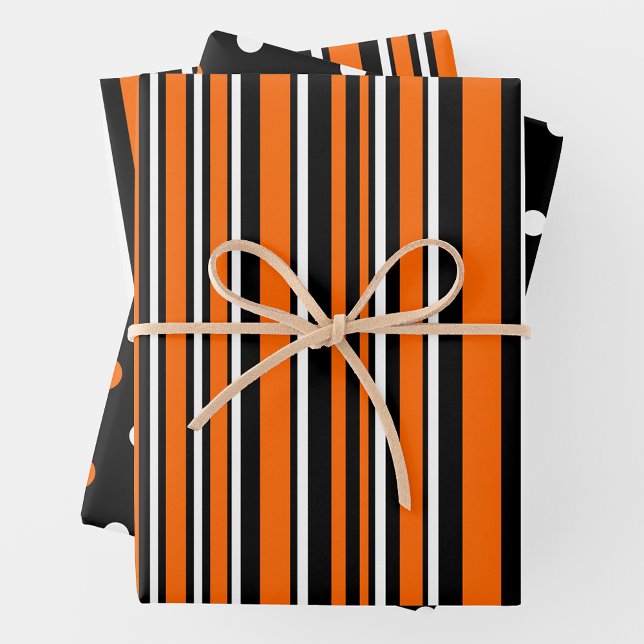 Orange, Black & White Trendy Stripes & Polka Dots Wrapping Paper Sheet (Orange, Black & White Trendy Stripes & Polka Dots Wrapping Paper Sheets)
