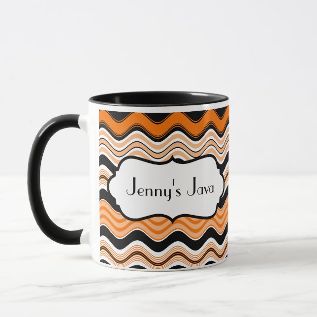 Orange, Black, White Wavy Stripes Personalised Mug (Left)