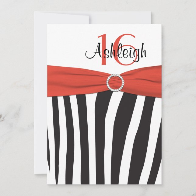 Orange, Black, White Zebra 16th Birthday Invite (Front)