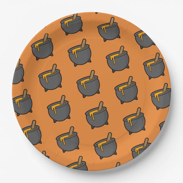 Orange Black witch Broth Pattern Halloween Party Paper Plate (Front)
