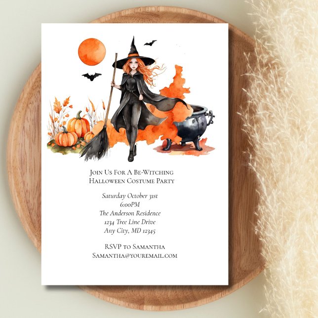 Orange Black Witch Halloween Costume Party Invitation (Halloween Witch Pumpkins Orange Black Party Invitation)