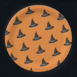 Orange Black Witch Hat Pattern Halloween Party Paper Plate<br><div class="desc">Cool Black and orange Halloween party paper plates.
Fun party supplies,  decorations and disposable accessories for costume party,  halloween,  scary,  fright,  frightening,  trick or treat,  night gathering,  bbq,  dinner,  birthday,  wedding.

Available in small and large. Change the quantity to get the cheapest bulk price.</div>