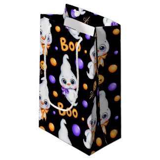 ORANGE & BLACK WITH CUTE LITTLE HALLOWEEN GHOSTS SMALL GIFT BAG