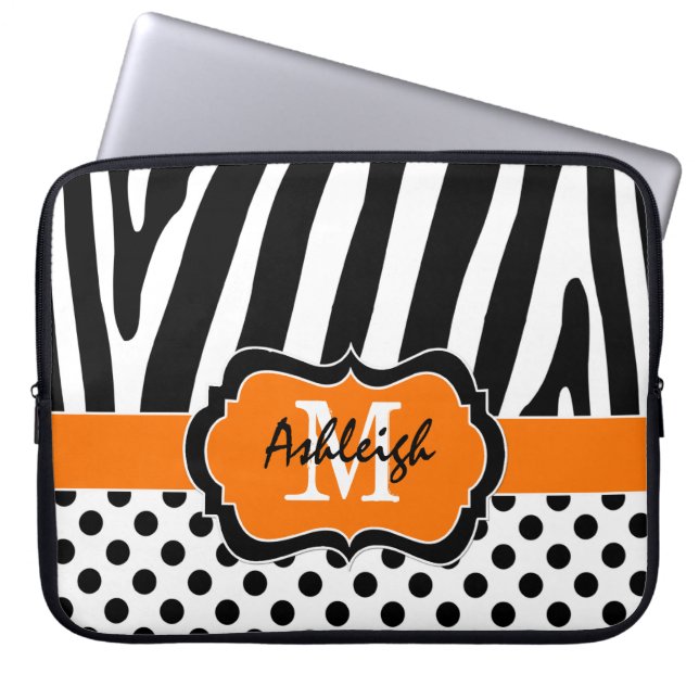Orange Black Zebra Stripes Polka Dots Laptop Case (Front)