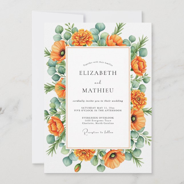 Orange Blissful Botanical Wedding Invitation (Front)