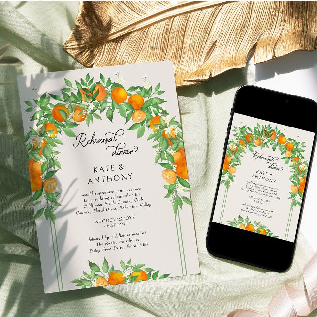 Orange Blossom Arch Wedding Rehearsal Dinner Invitation (Rehearsal Dinner Invitation from the Orange Blossom Wedding Collection by Darling & May)