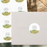 Orange Blossom Citrus Fruit Wedding Classic Round Sticker<br><div class="desc">Country wildflower wedding stickers to use as invitation envelope seals, favour stickers, cupcake toppers etc. Design features oranges, orange blossom, greenery and hanging foliage on a neutral background. Fresh, zesty, natural design to complement a spring or summer wedding with an orange fruit wedding theme. For co-ordinating invitations, stationery, day of...</div>