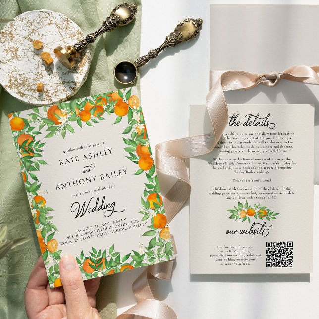 Orange Blossom Citrus Wedding Details and Website Invitation (Wedding Invitation with Details from the Orange Blossom Wedding Collection by Darling & May)
